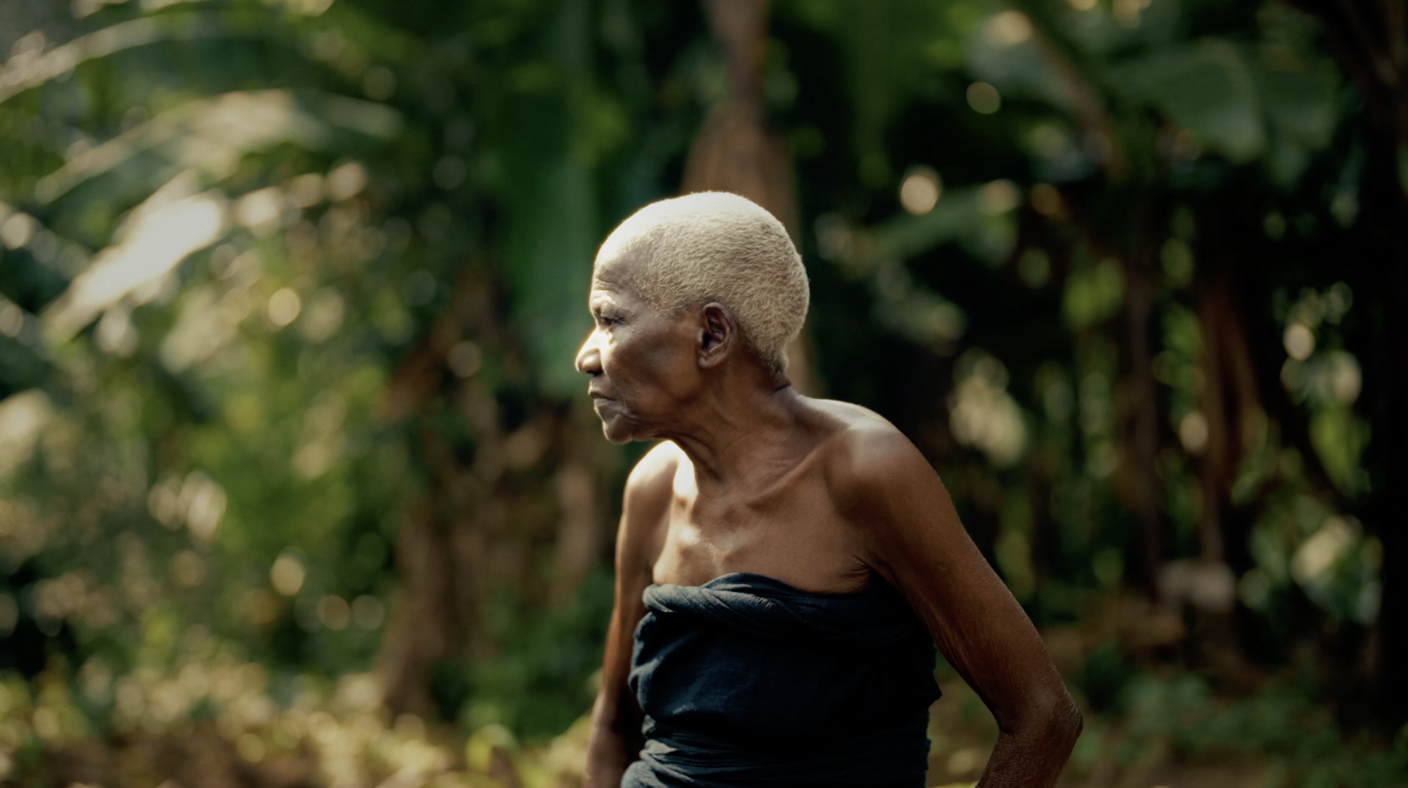 Profile of an elderly Gbagyi woman with close-cropped white hair against sunlit greenery