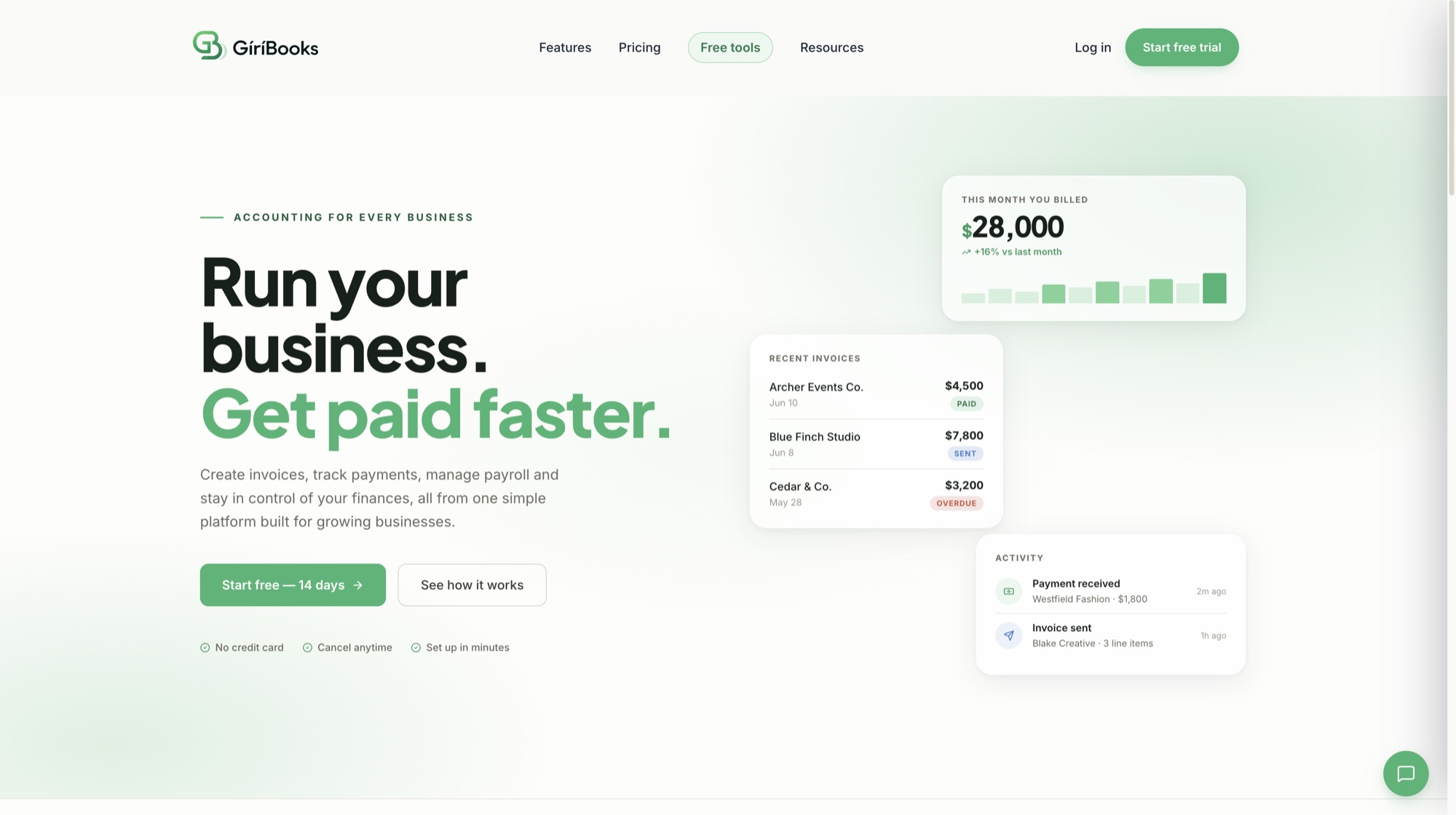 The GíríBooks marketing site: the headline Run your business, Get paid faster, beside cards showing monthly billing, recent invoices and account activity
