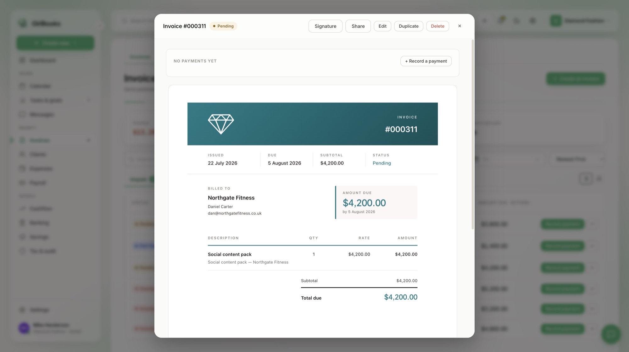 An invoice detail panel showing issue and due dates, the client billed, line items and the total due