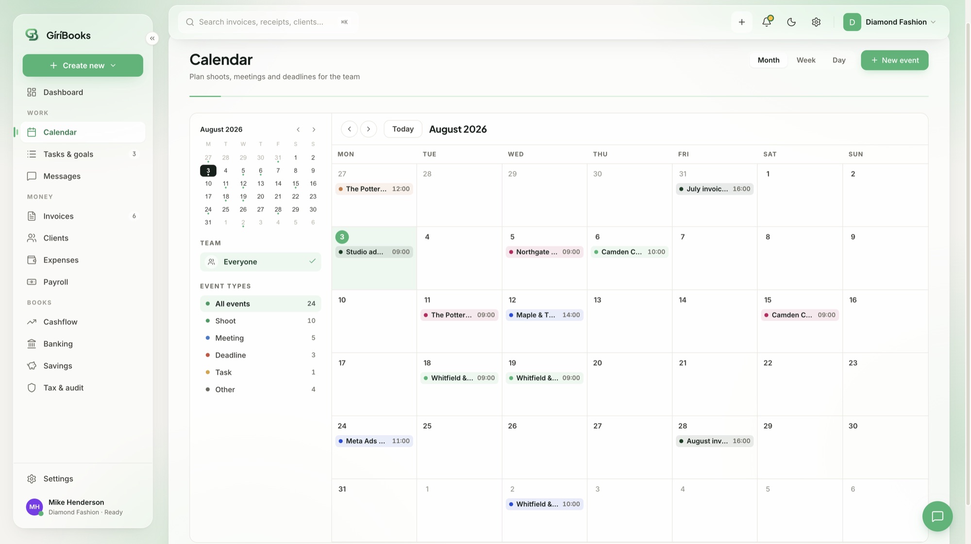 A month calendar view with shoots, meetings and deadlines colour-coded by event type