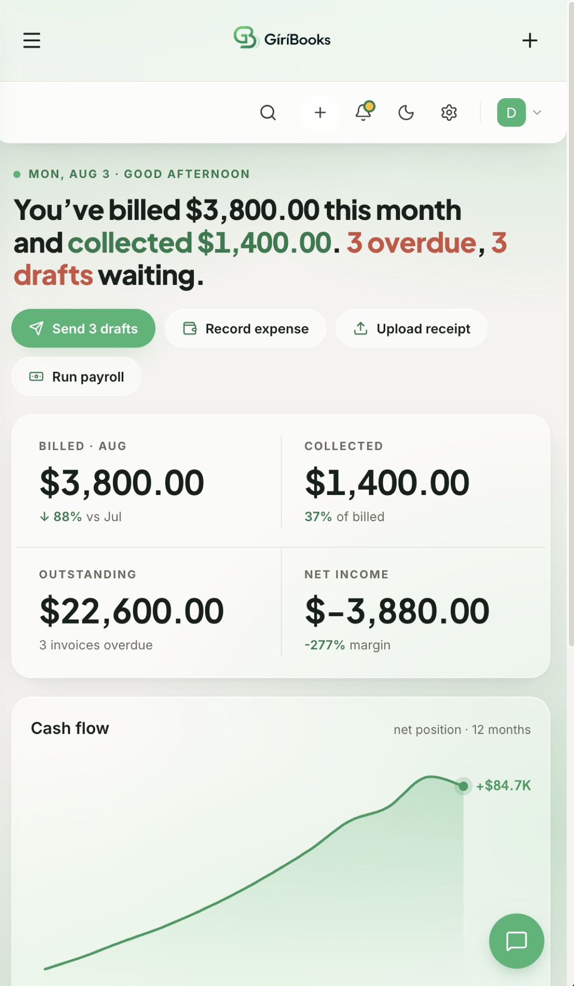 The GíríBooks dashboard on a phone, with the monthly summary, quick actions and figures stacked in a single column