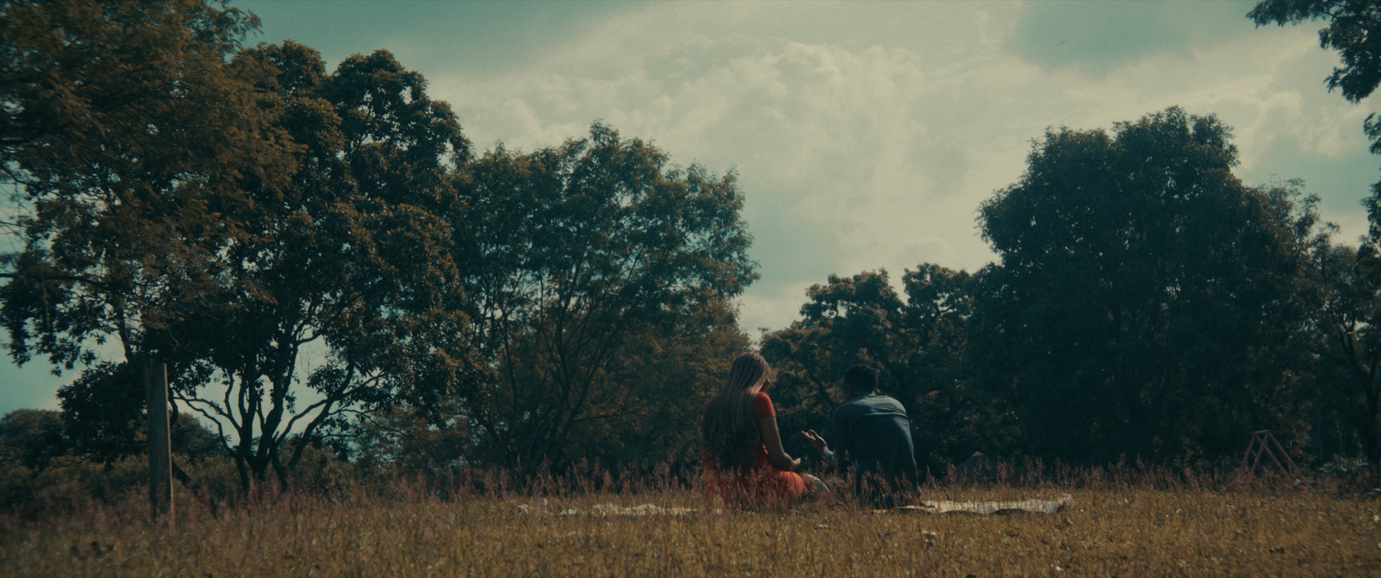Two people sitting together in a field of dry grass beneath a wide sky
